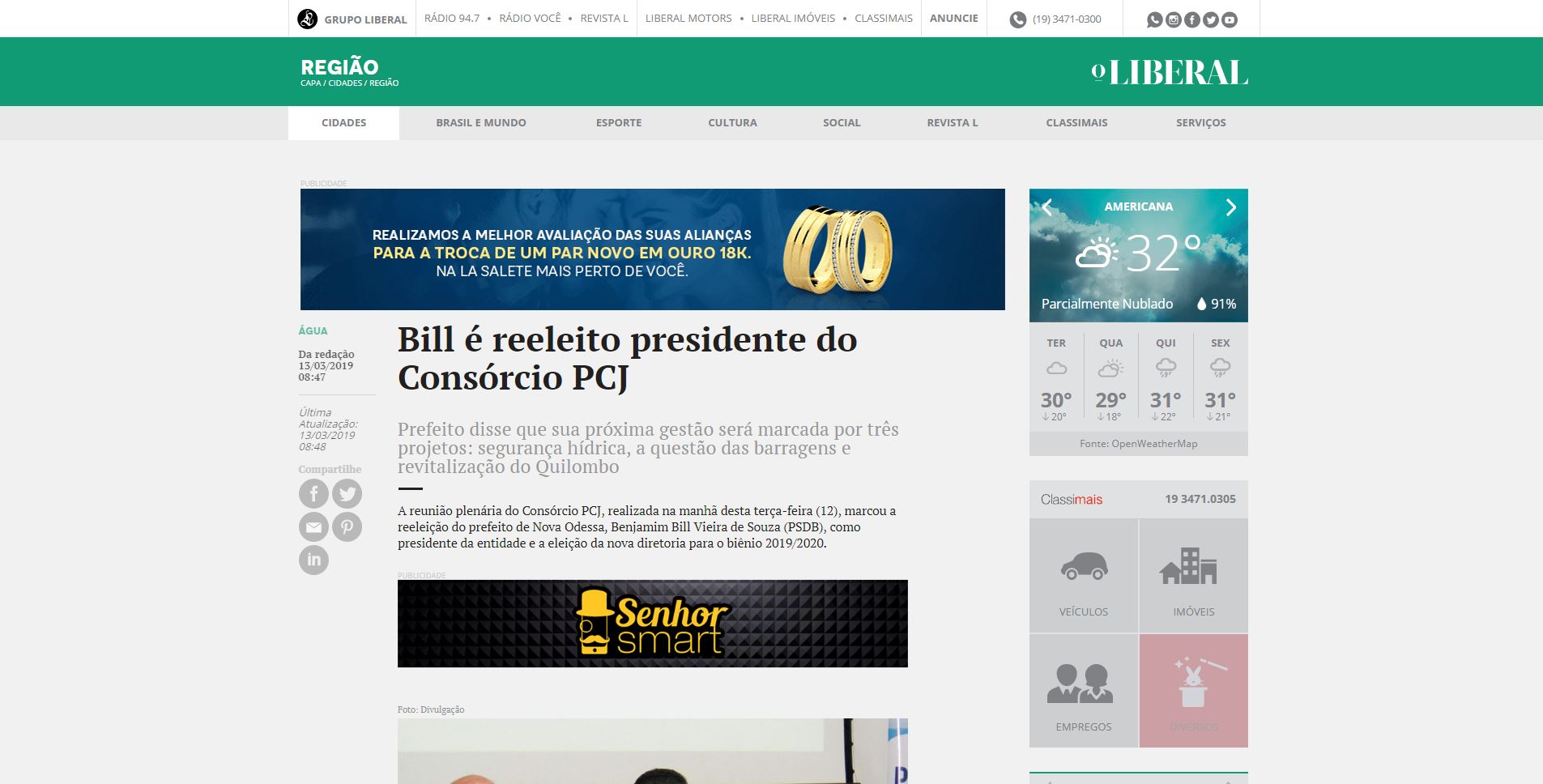 Reeleição do Presidente do Consórcio PCJ, Benjamim Bill Vieira de Souza, é destaque no O Liberal
