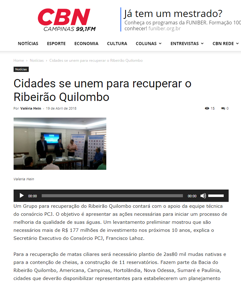 Matéria da CBN Campinas sobre Recuperação do Ribeirão Quilombo