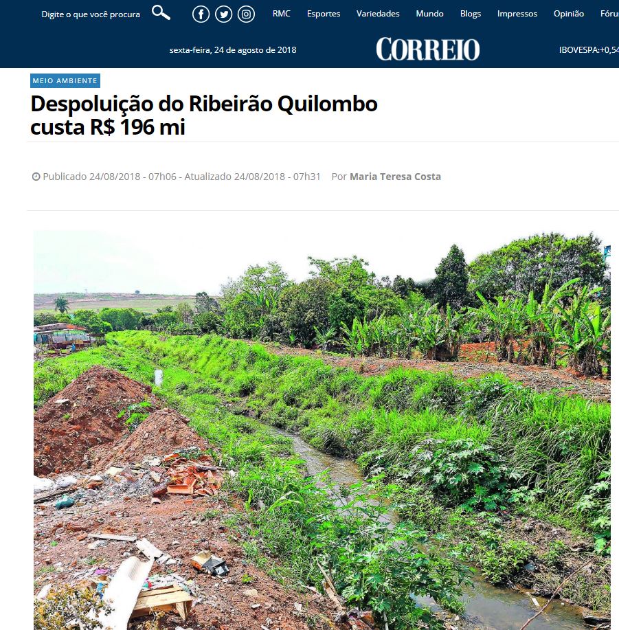 O Correio Popular diz que despoluição do Ribeirão Quilombo custa R$ 196 mi