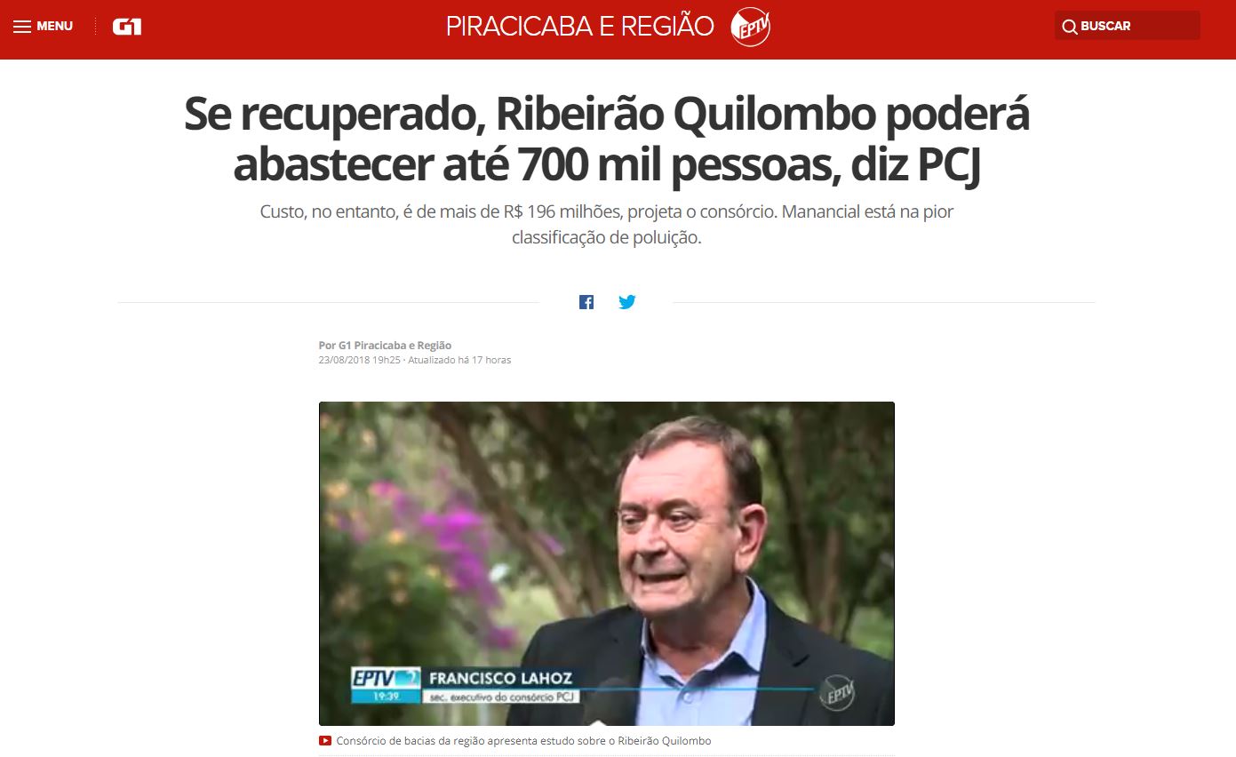 No G1 “Se recuperado, Ribeirão Quilombo poderá abastecer até 700 mil pessoas, diz PCJ”