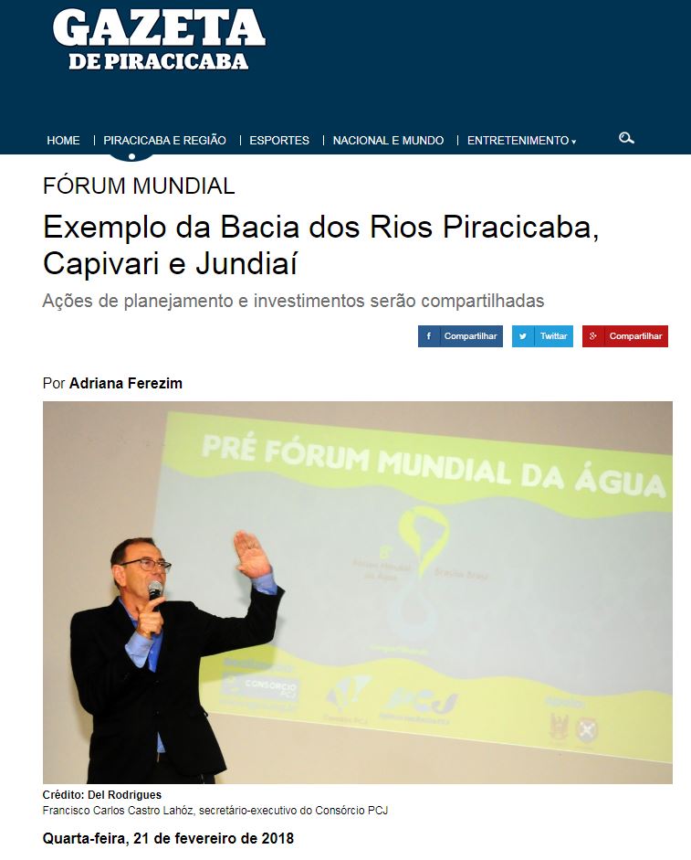 Evento Pré Fórum Mundial da Água é tema da matéria na Gazeta de Piracicaba