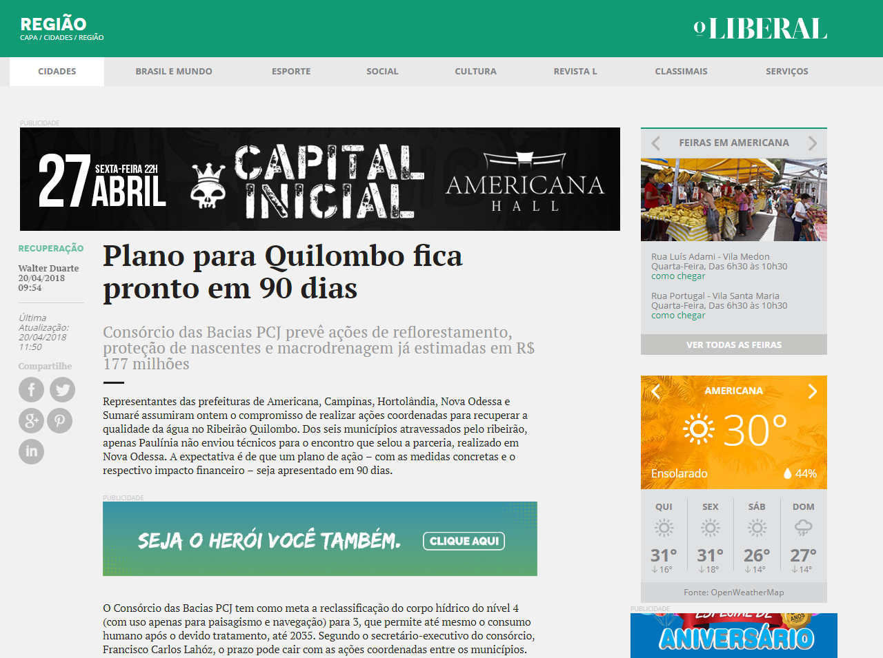 MATÉRIA DO LIBERAL SOBRE RECUPERAÇÃO DO RIBEIRÃO QUILOMBO