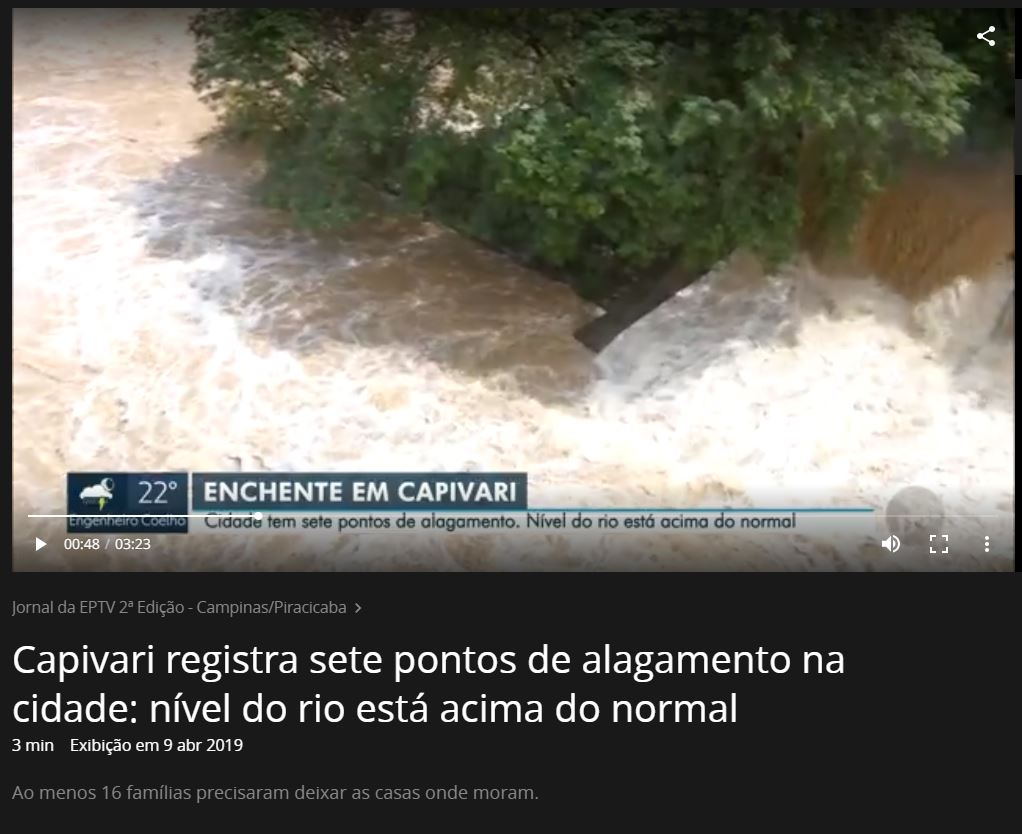 EPTV destaca o nível acima do normal do Rio Capivari
