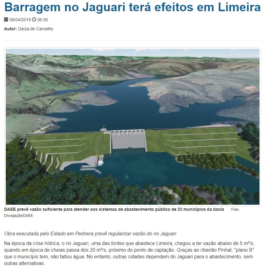 Gazeta de Limeira fala sobre efeitos de Barragem de Padreira em Limeira
