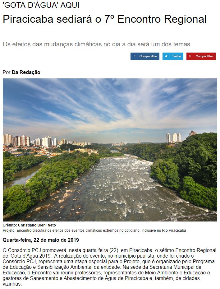 Gazeta de Piracicaba destaca Gota d’Água