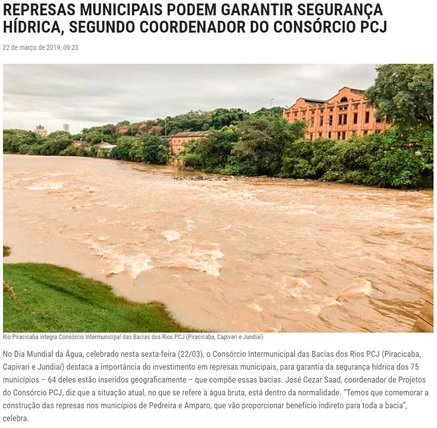 Represas municipais podem garantir segurança hídrica, confira a matéria do Jornal de Piracicaba