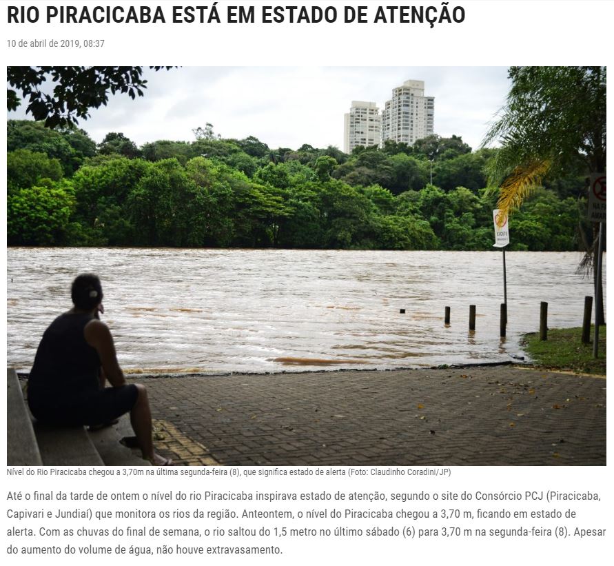 Jornal de Piracicaba destaca estado de atenção do Rio Piracicaba