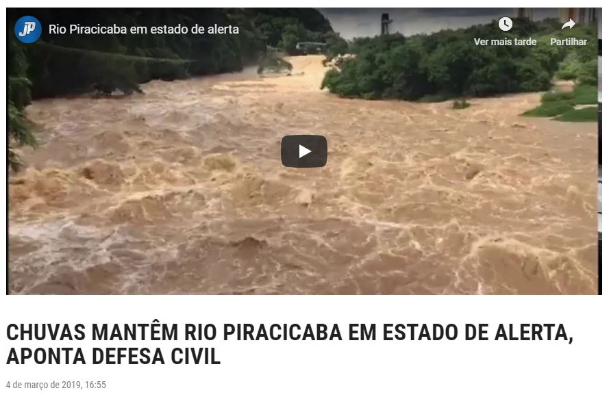 O Jornal de Piracicaba destaca Rio Piracicaba em estado de alerta