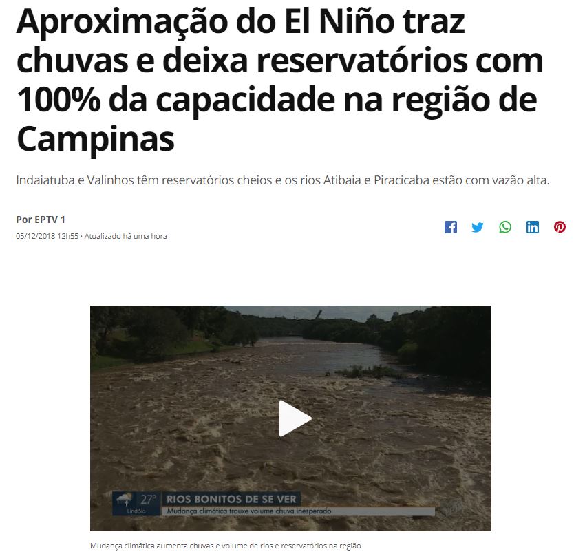 Aproximação do El Niño traz chuvas e deixa reservatórios com 100% da capacidade na região de Campinas