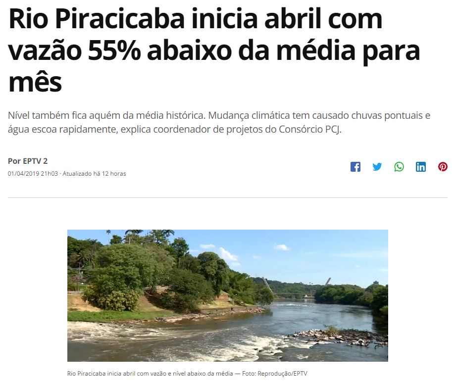 Rio Piracicaba e vazão abaixo da média são assuntos no Portal G1