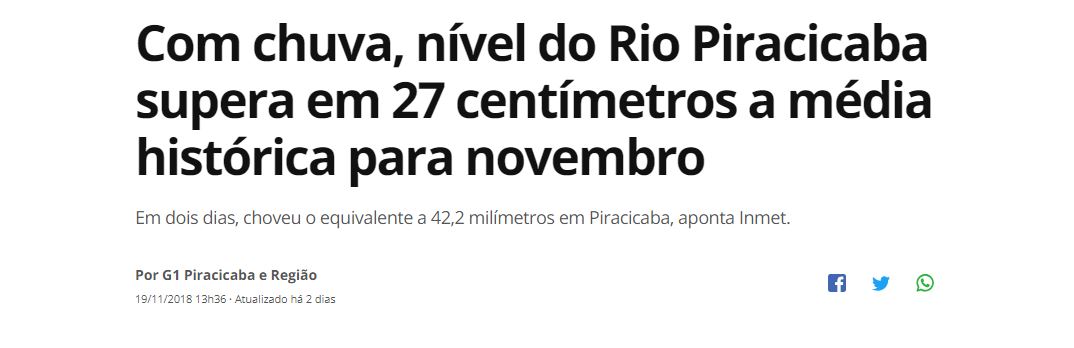 Com chuva, nível do Rio Piracicaba supera em 27 centímetros a média histórica para novembro