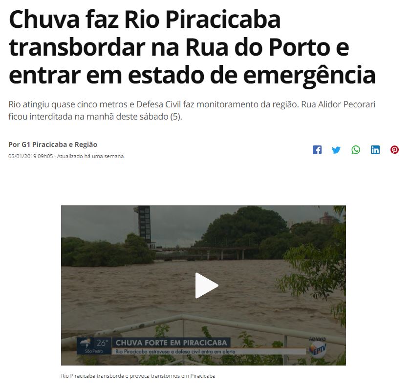 Chuva faz Rio Piracicaba transbordar na Rua do Porto e entrar em estado de emergência