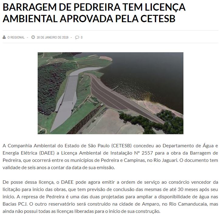 O Regional fala sobre a Barragem de Pedreira