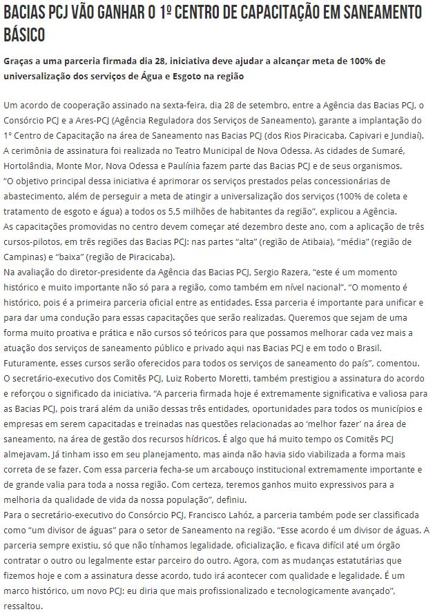 No Tribuna Liberal, Bacias PCJ vão ganhar o 1º Centro de Capacitação em Saneamento Básico