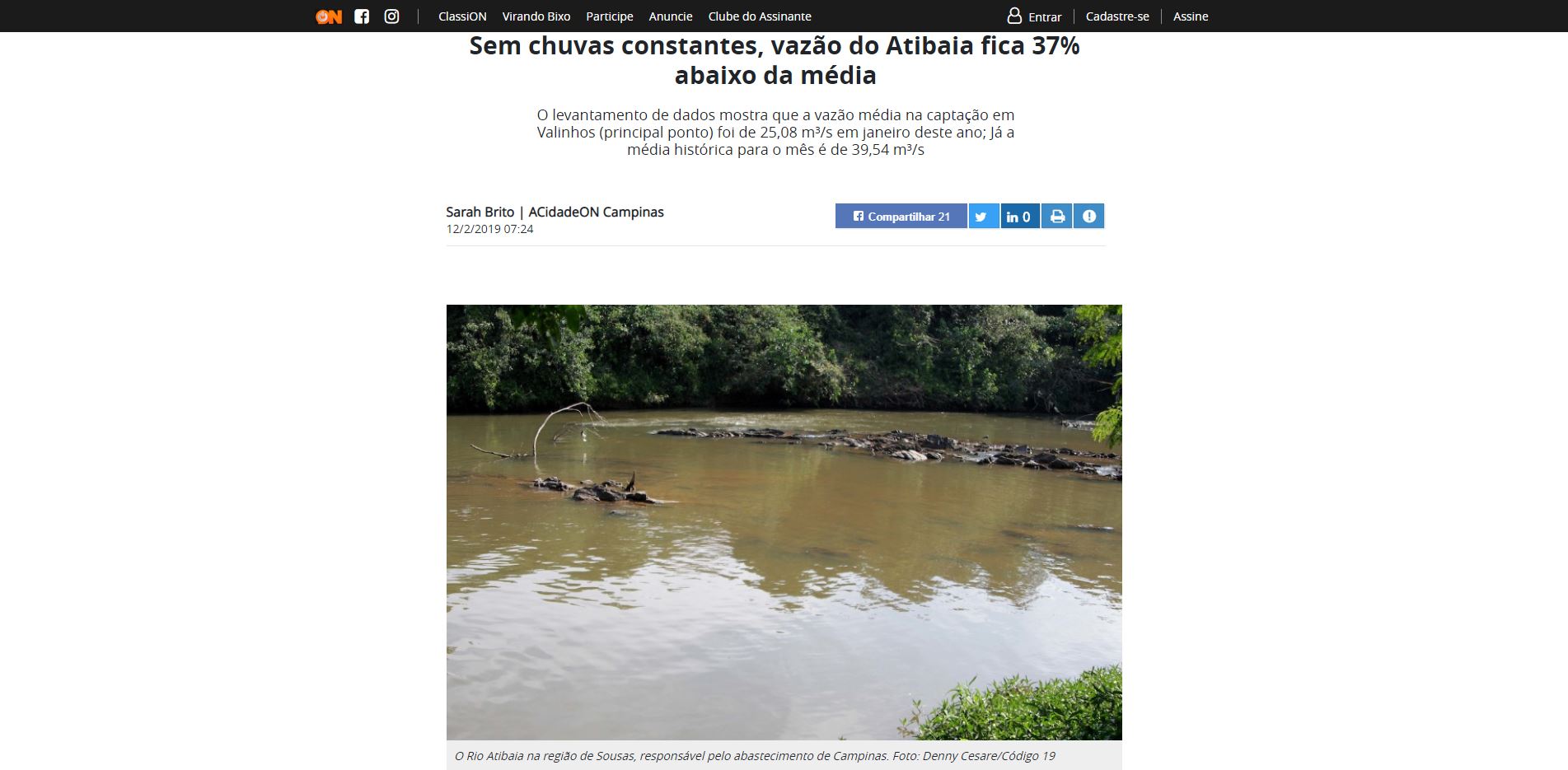 A Cidade ON noticia sobre a vazão do Rio Atibaia