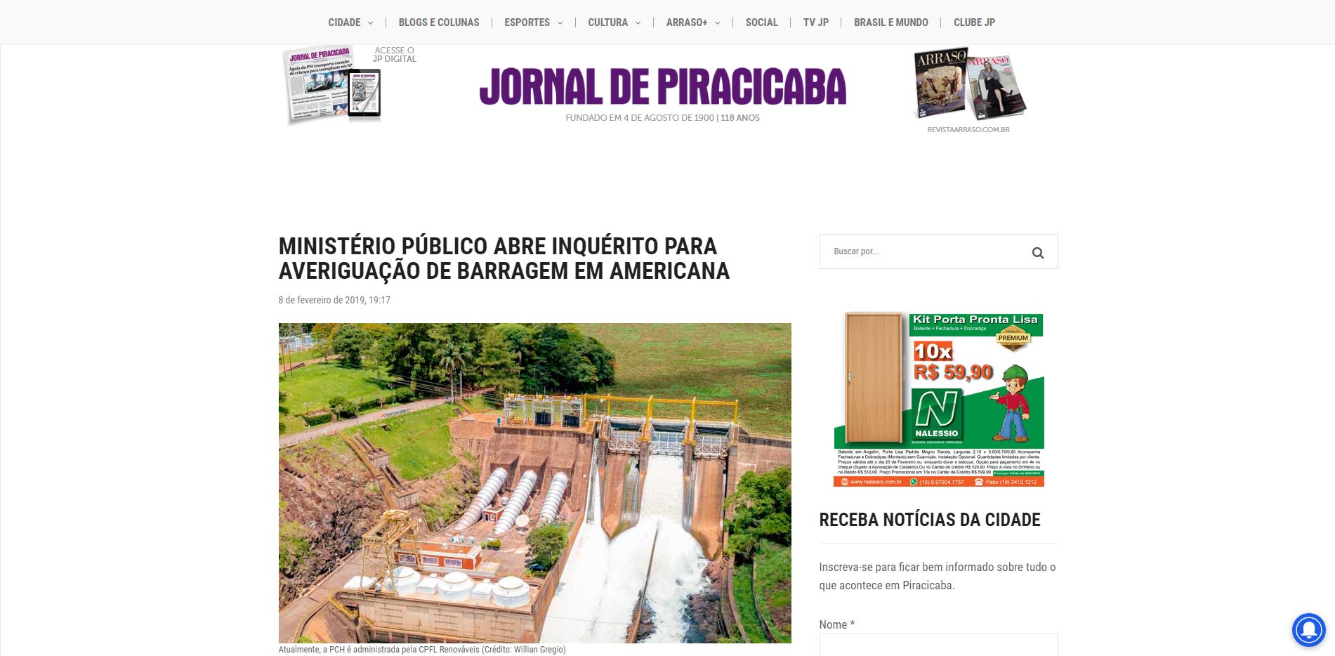 Jornal de Piracicaba faz matéria sobre inquérito para averiguação de barragem em Americana