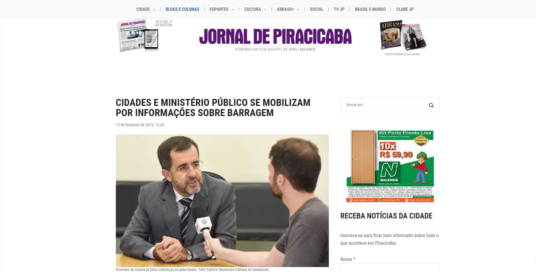 Jornal de Piracicaba destaca Barragem de Salto Grande