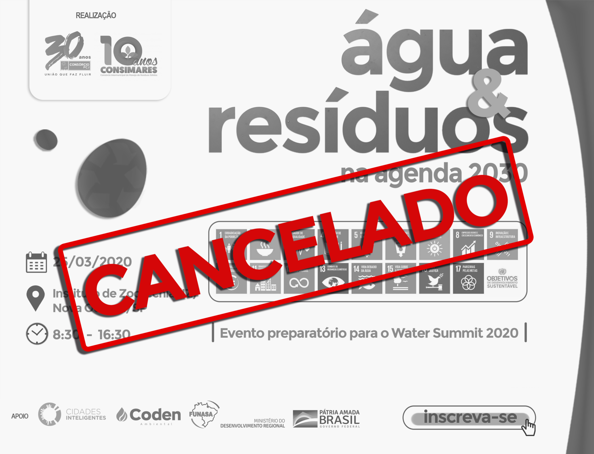 Cancelamento do Evento Água e Resíduos na Agenda 2030