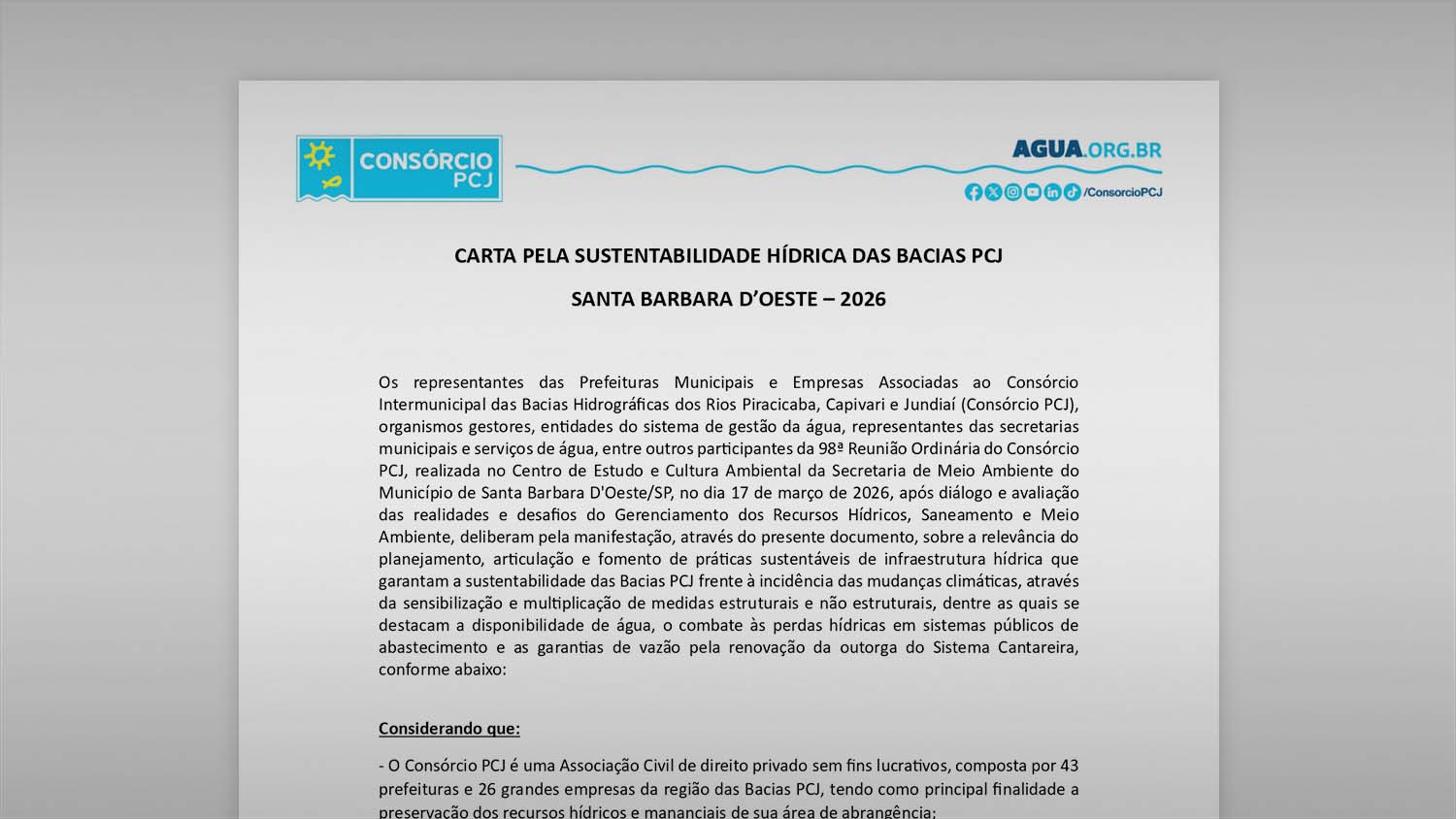 Consórcio PCJ fortalece agenda estratégica da água e encaminha Carta pela Sustentabilidade Hídrica às autoridades nacionais